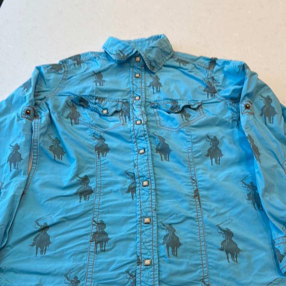 Gray and Blue Pearl snap Down Shirt